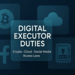 Digital executor duties concept showing cryptocurrency, cloud storage, social media, and password management responsibilities that modern estate administrators must navigate
