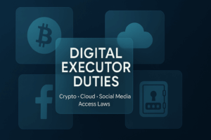 Digital executor duties concept showing cryptocurrency, cloud storage, social media, and password management responsibilities that modern estate administrators must navigate