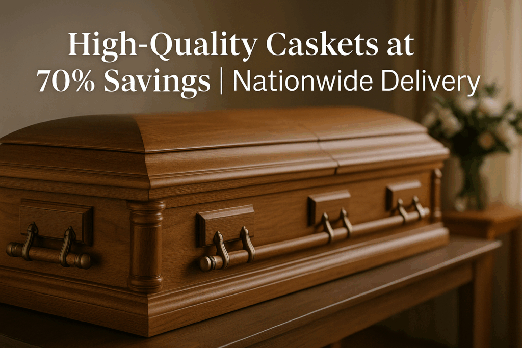 High-quality wooden casket displayed in dignified lighting representing affordable discount funeral caskets