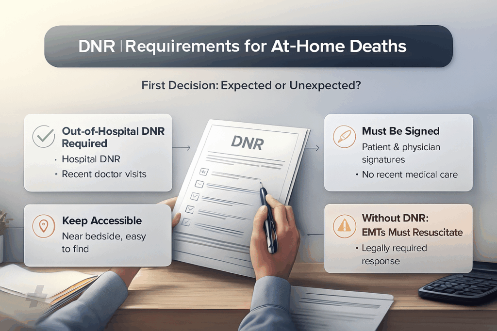 Infographic showing DNR documentation requirements for at-home deaths including signature needs and accessibility requirements