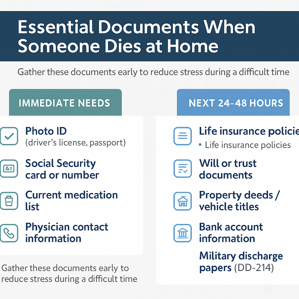 Checklist showing essential documents needed when someone dies at home including immediate needs and 24-48 hour requirements