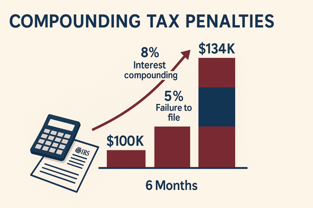 Chart showing how missed estate tax deadlines create compounding penalties and interest that grow from $100,000 to $134,000 in six months