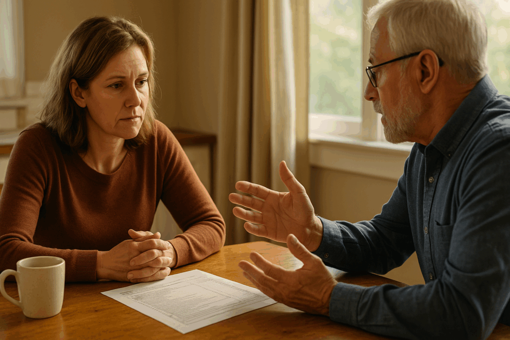 Two family members having serious conversation at kitchen table about executor duties and compensation expectations