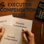 Overhead view of executor reviewing estate compensation documents with calculator on professional desk