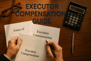 Overhead view of executor reviewing estate compensation documents with calculator on professional desk