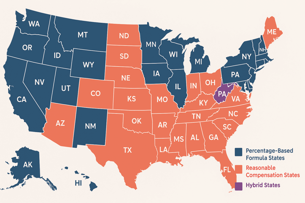 United States map showing which states use percentage-based formulas, reasonable compensation, or hybrid approaches for executor fees