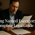 Person reviewing estate documents at desk with serious expression, representing executor responsibilities and legal duties