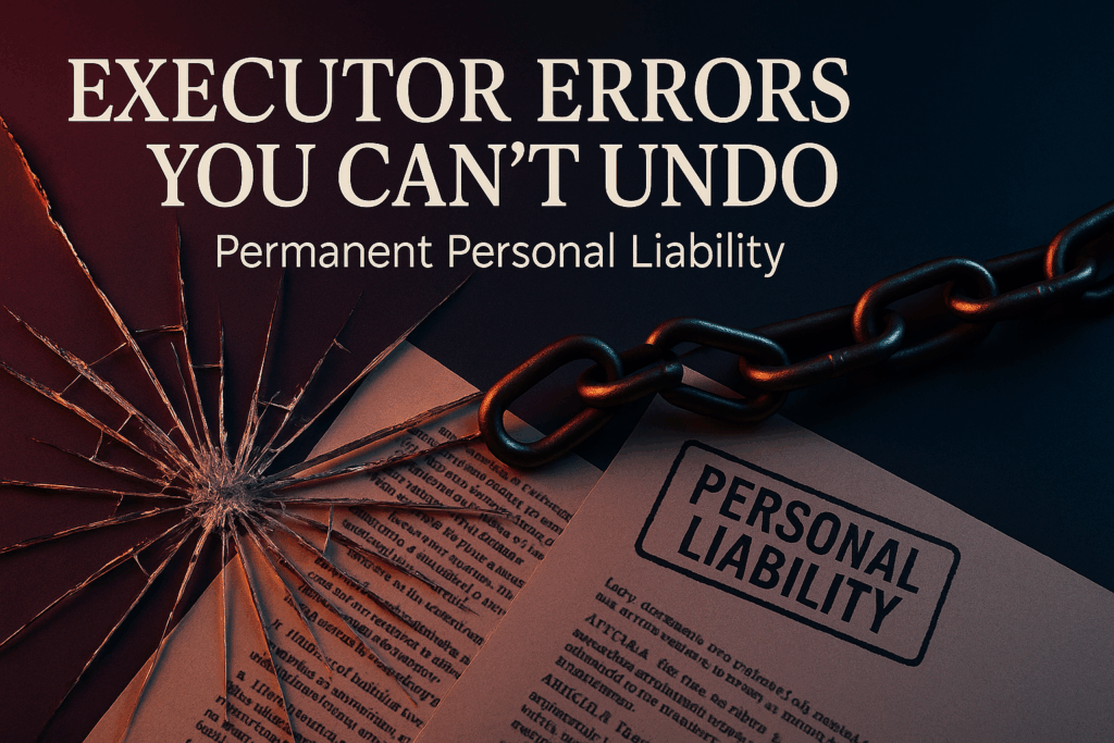 Shattered glass and legal documents representing irreversible executor errors that create permanent personal liability executors cannot undo