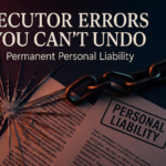Shattered glass and legal documents representing irreversible executor errors that create permanent personal liability executors cannot undo