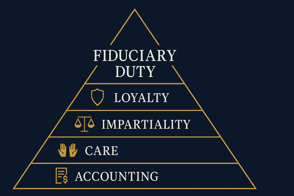 Infographic showing the four core fiduciary duties executors owe to beneficiaries: loyalty, impartiality, care, and accounting