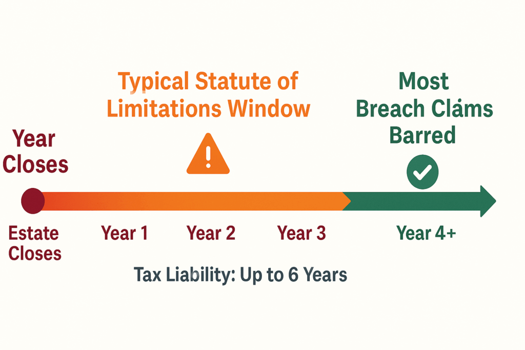 Timeline showing executor liability exposure from estate closure through statute of limitations, with 3-4 year window for most lawsuits and up to 6 years for tax claims