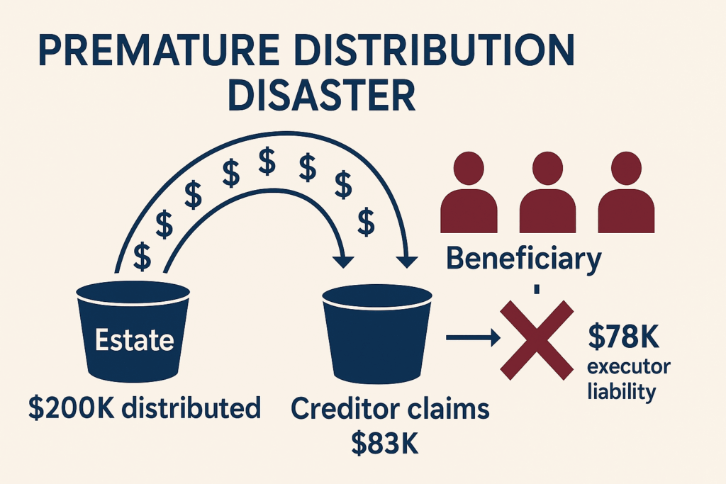 Infographic showing premature distribution to beneficiaries before creditor settlement creating personal executor liability when funds cannot be recovered