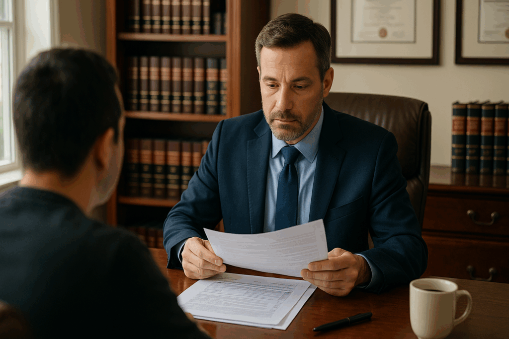 Person consulting with probate attorney in professional office about executor compensation and legal responsibilities