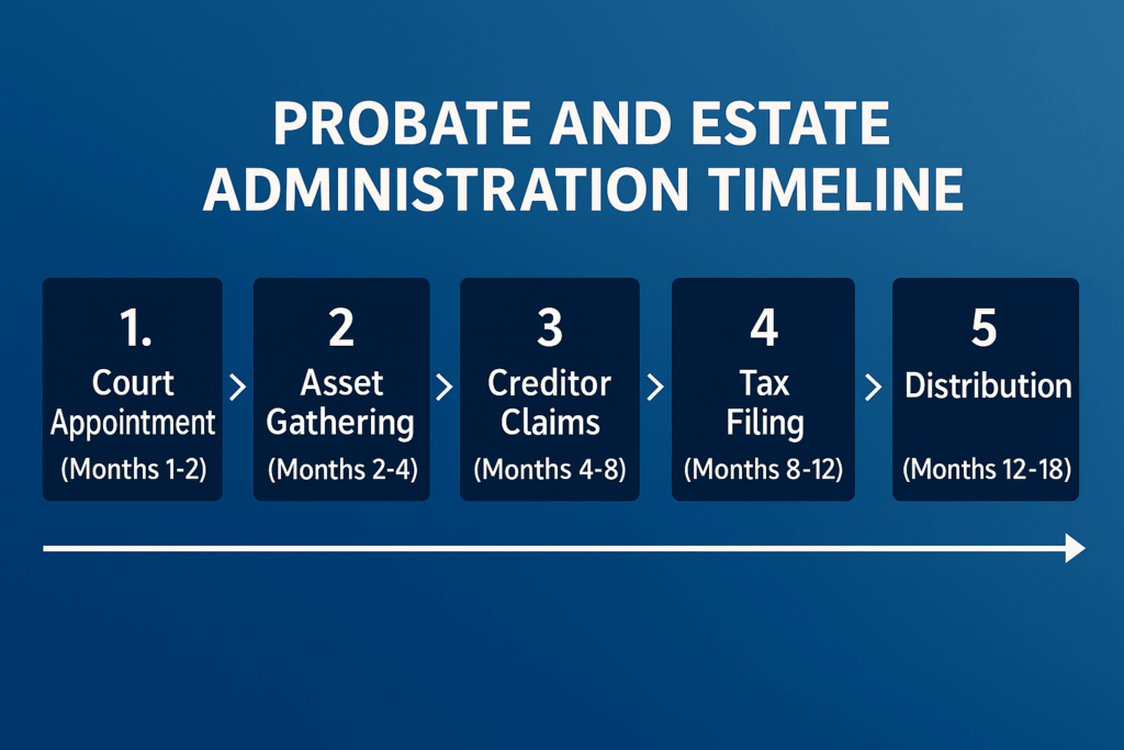 Five-phase timeline showing typical 12-18 month executor and probate process from appointment to distribution