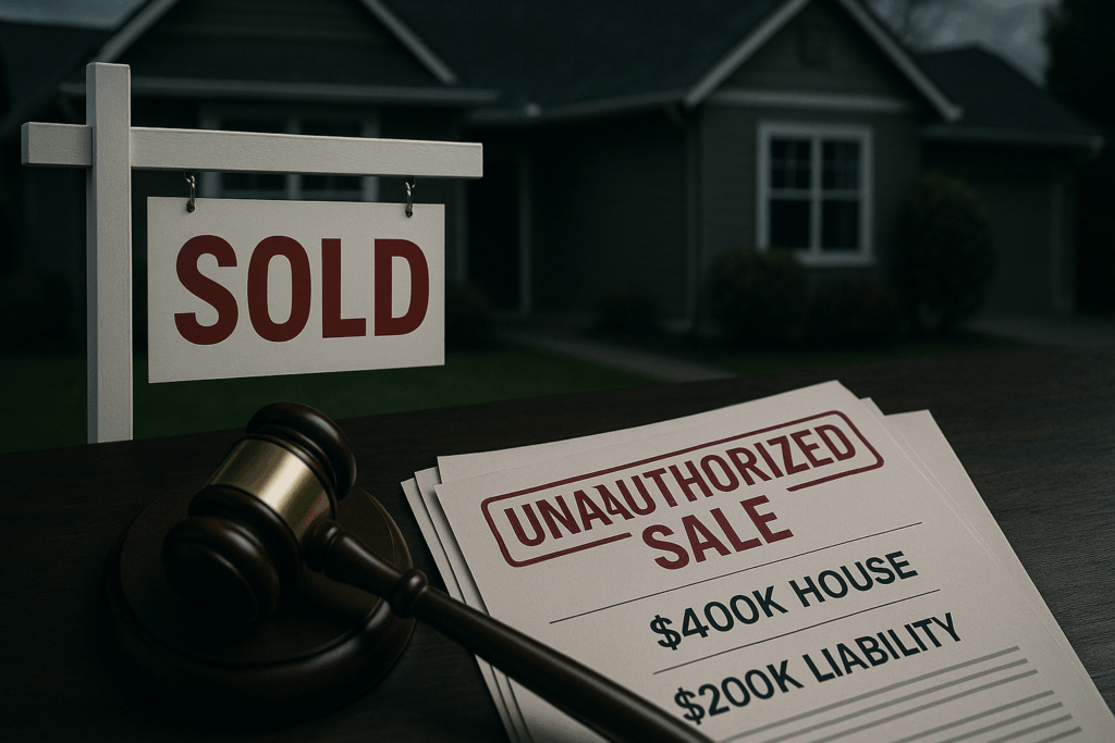 Sold house with legal documents showing unauthorized executor sale creating permanent personal liability for improper asset disposition