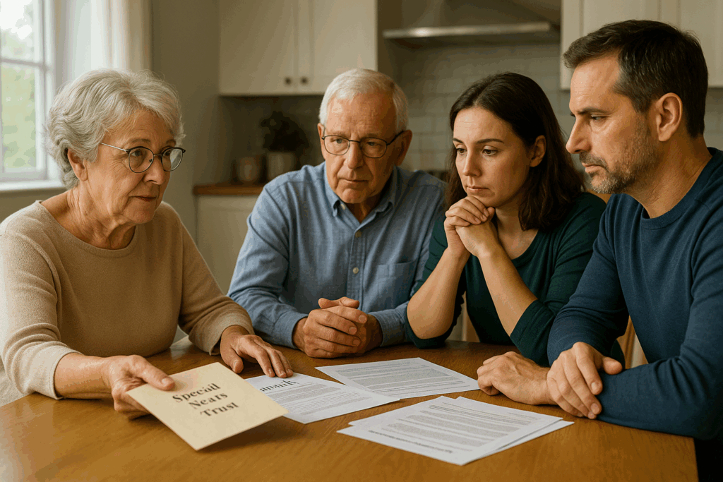 Multi-generational family having estate planning conversation about protecting special needs child's benefits