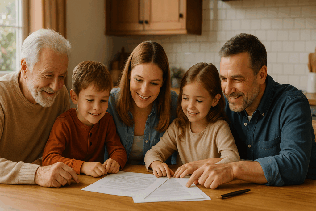 Multi-generational family discussing estate planning together at kitchen table