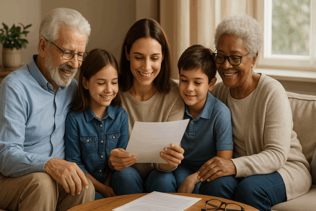 Multi-generational family reviewing estate planning documents together in living room