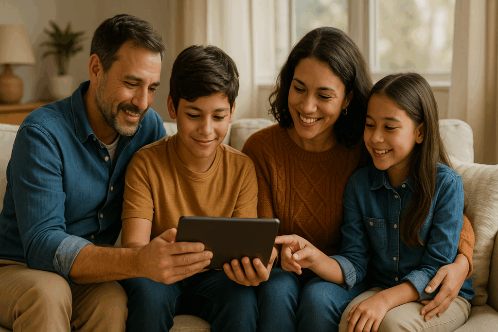 Family reviewing estate planning documents together on tablet in comfortable home setting