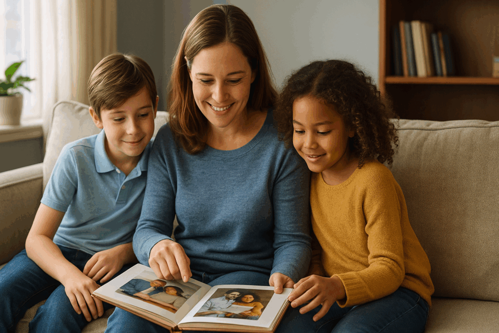 Parent and children looking at family photos together representing legacy planning
