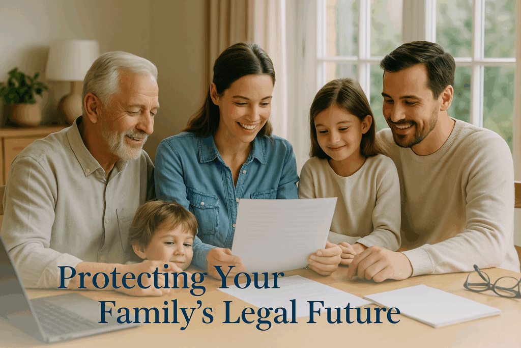 Multigenerational family reviewing important legal documents together at dining table