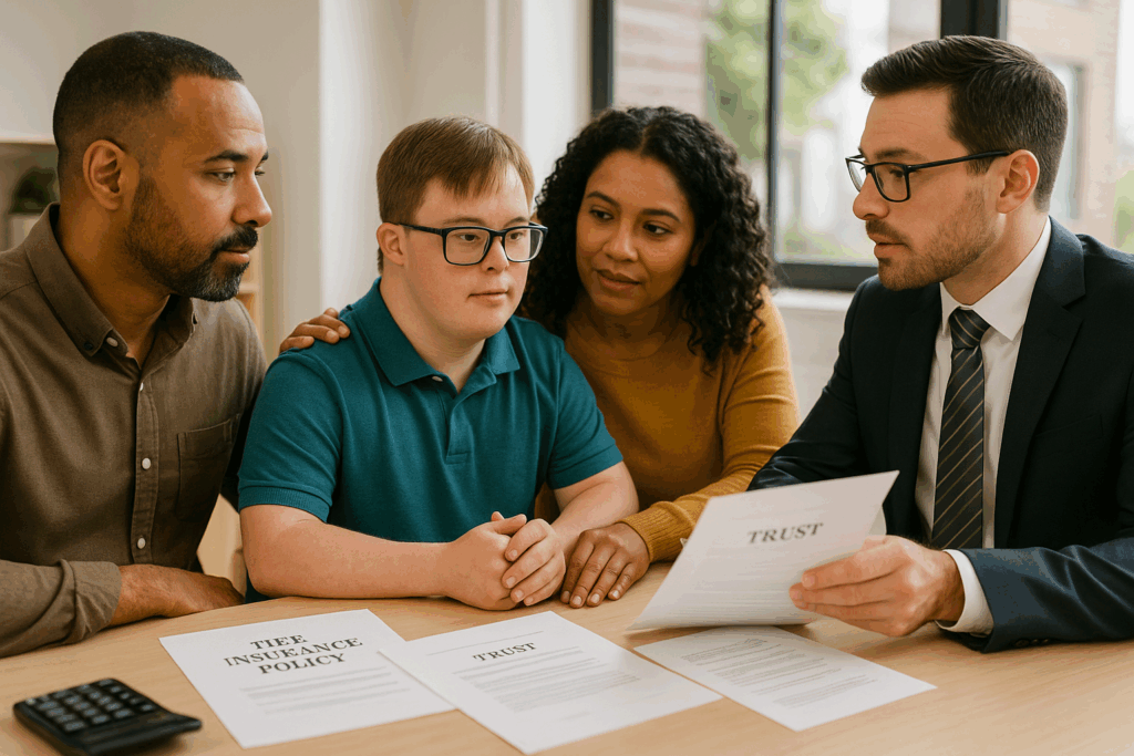 Family with special needs adult child meeting with estate planning attorney to discuss trust setup and benefit protection