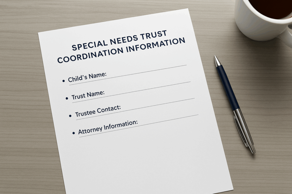 One-page special needs trust coordination information sheet for distributing to family members
