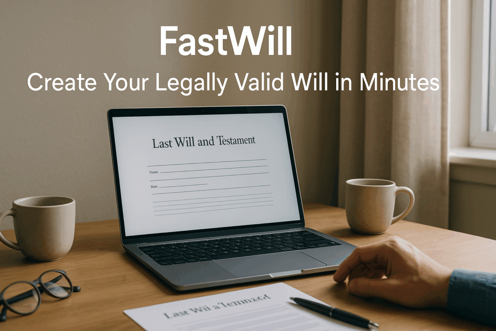 Laptop displaying online will creation form on peaceful home office desk