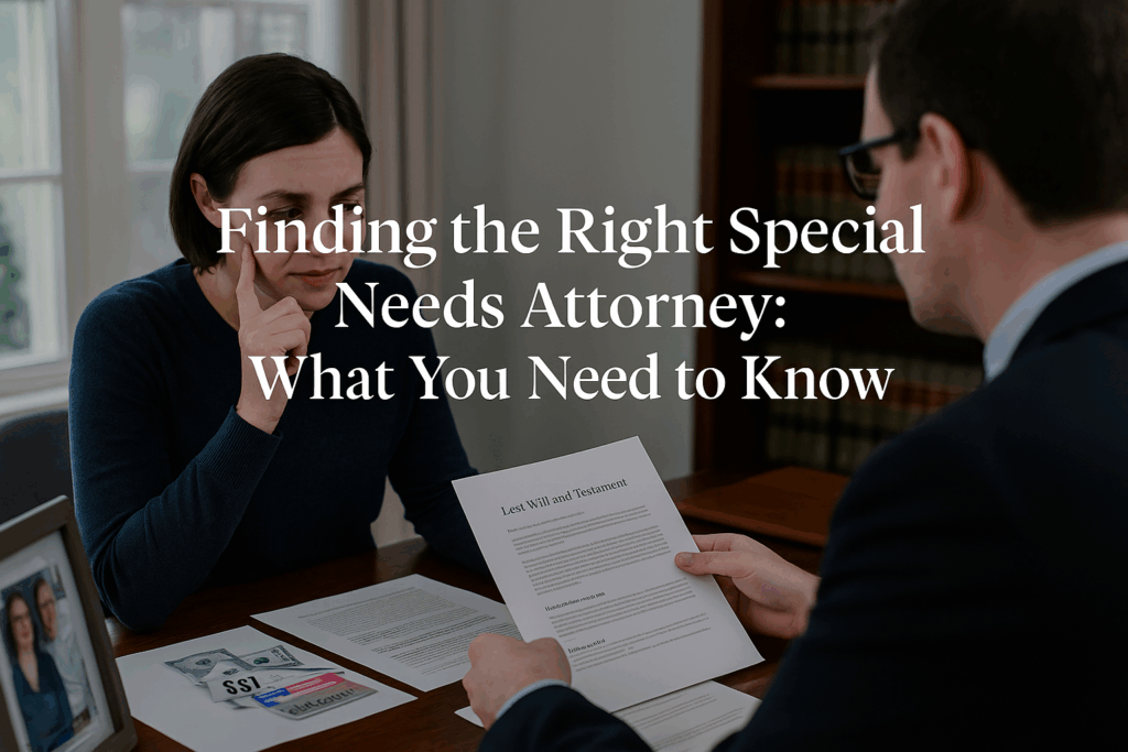 Parent meeting with estate planning attorney reviewing special needs trust documents during consultation to evaluate attorney expertise