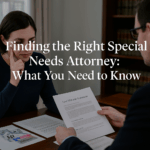 Parent meeting with estate planning attorney reviewing special needs trust documents during consultation to evaluate attorney expertise