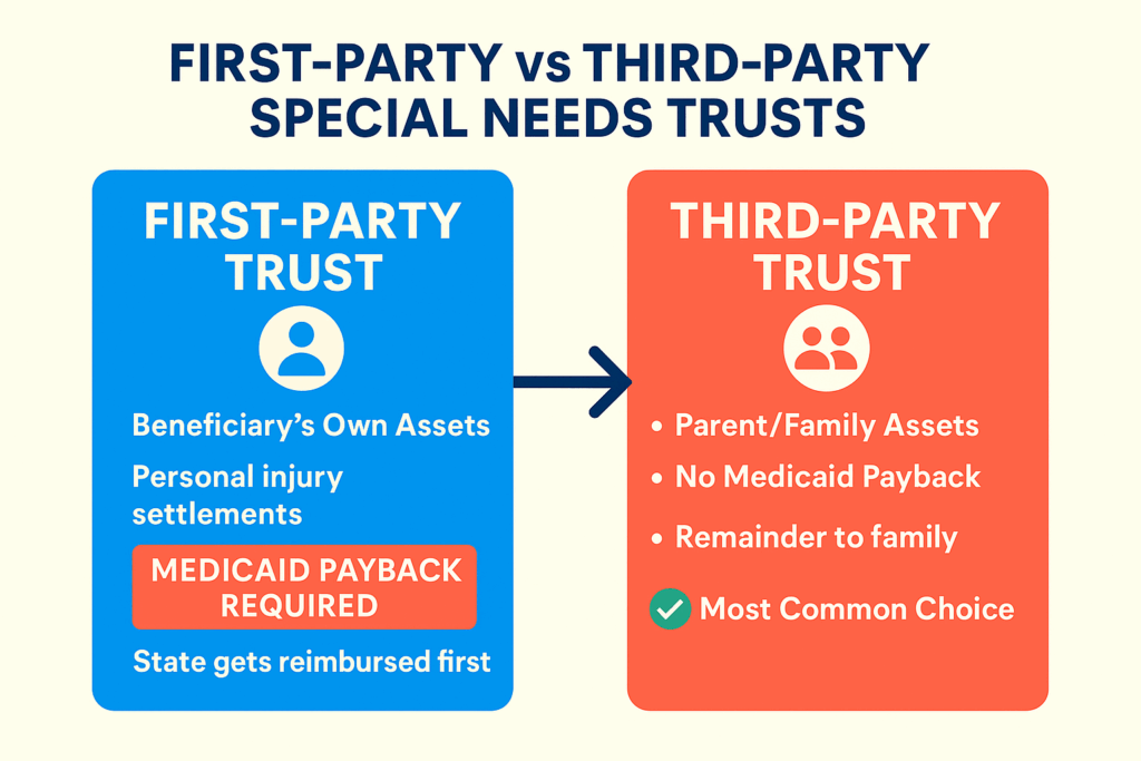 Infographic comparing first-party and third-party special needs trusts showing funding sources and Medicaid payback differences