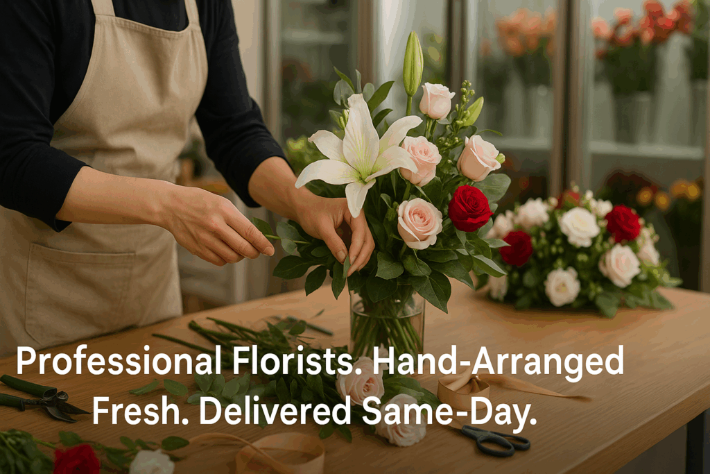 Professional florist hand-arranging sympathy flowers for same-day delivery through Flowers Fast