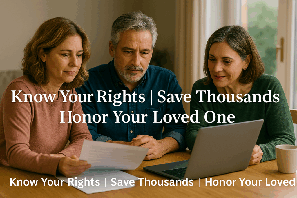 Family members researching online casket options together exercising FTC Funeral Rule consumer rights