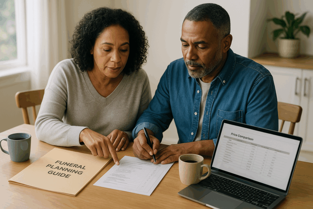 Couple reviewing funeral planning documents and price comparison checklist at home, making informed consumer decisions