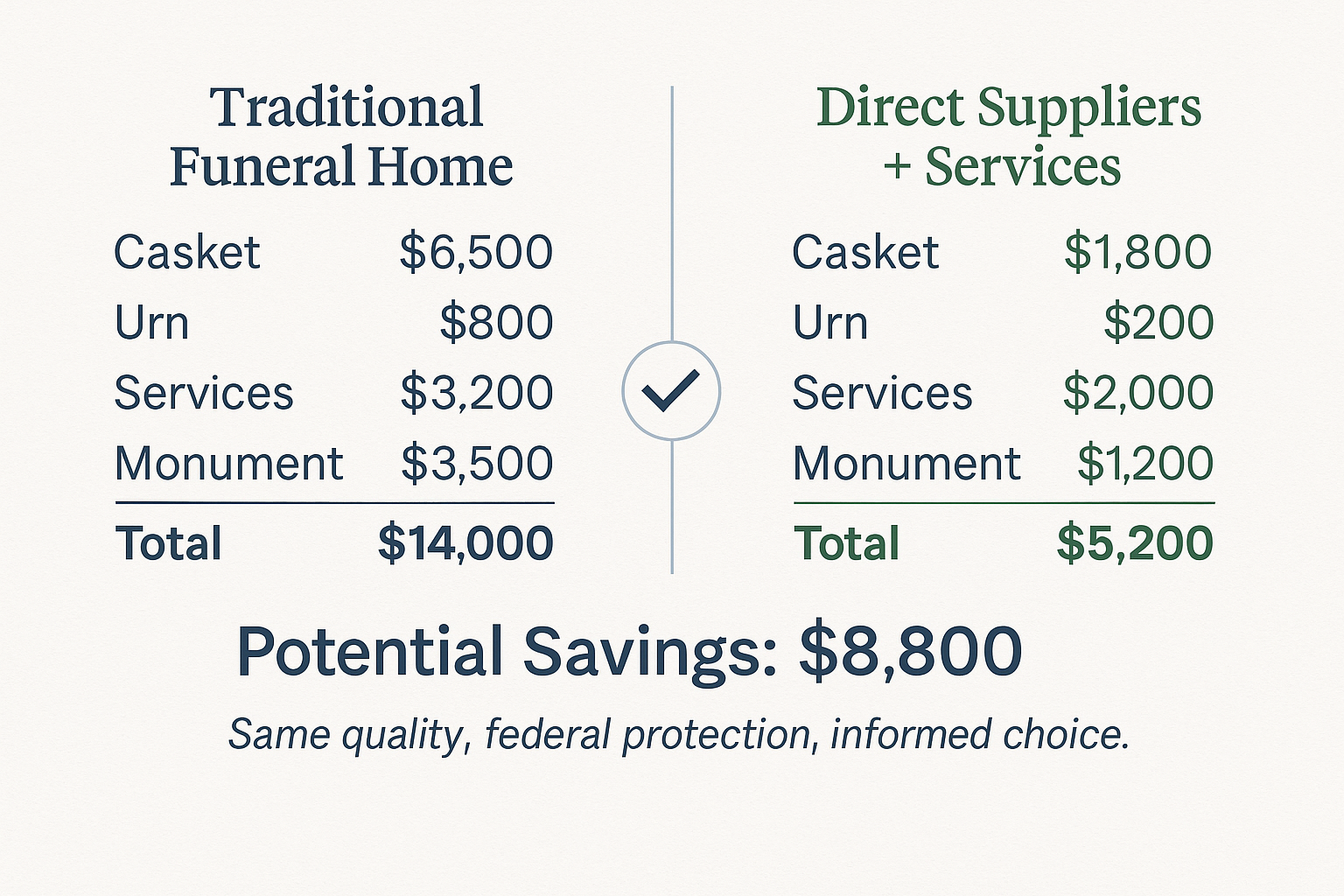 Price comparison infographic showing $8,800 in potential savings using direct suppliers versus traditional funeral home pricing