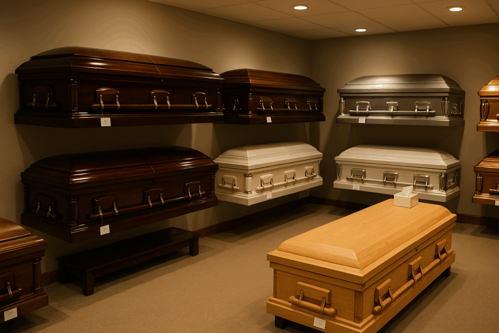 Funeral home casket showroom displaying various price options from affordable to premium