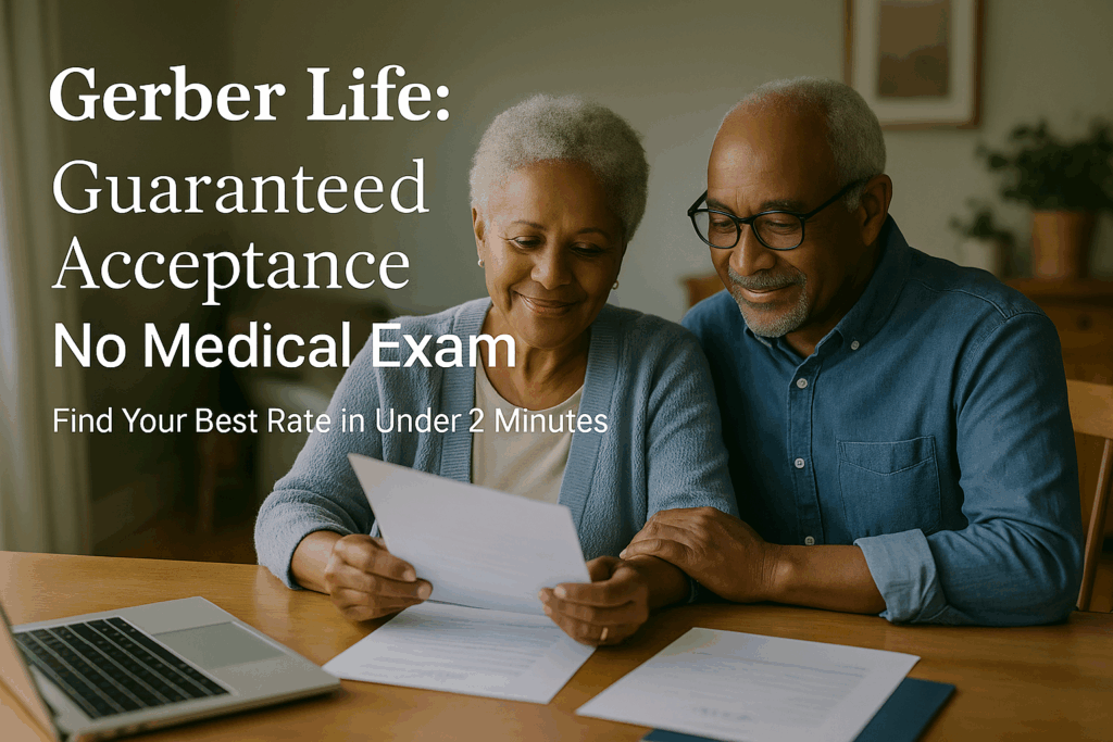 Senior couple reviewing guaranteed issue life insurance documents at home with expressions of relief and peace of mind