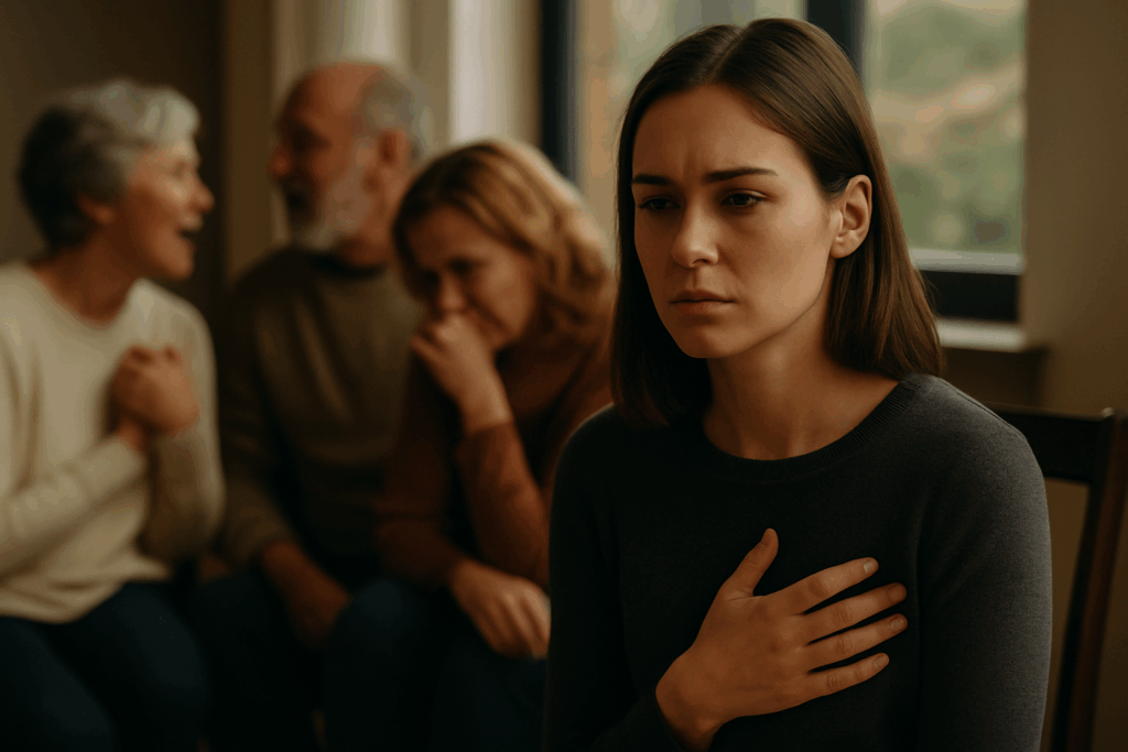  Person experiencing emotional numbness and disconnection during grief while surrounded by others
