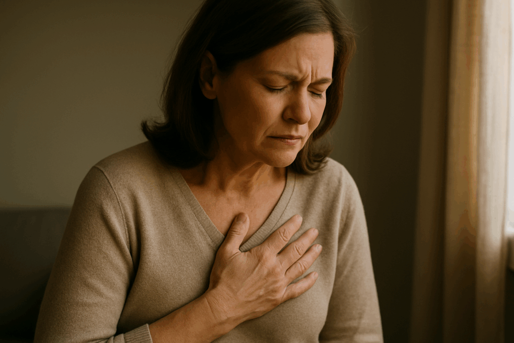 Person experiencing physical grief symptoms including chest pain and body aches