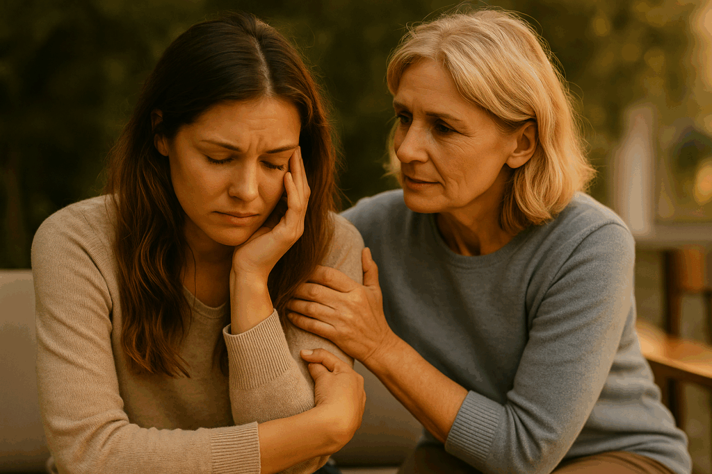 Two people in supportive caring moment representing grief counseling and emotional support