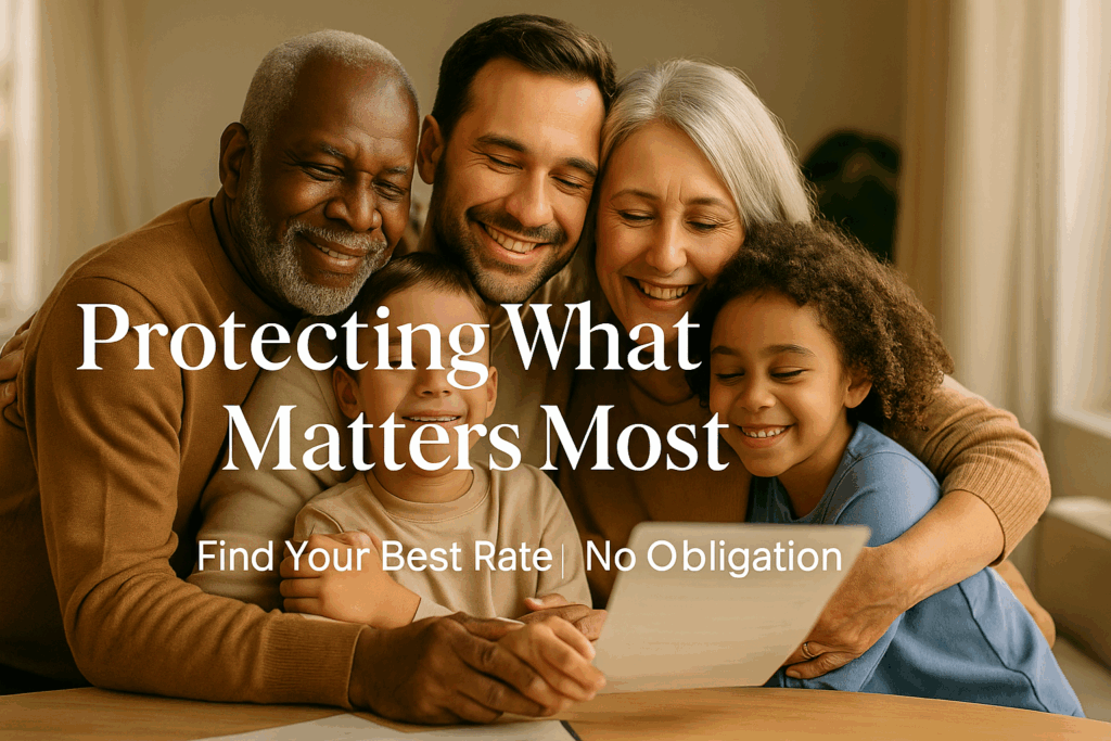 Multigenerational family embracing together showing grandparents with adult children and grandchildren representing life insurance family protection