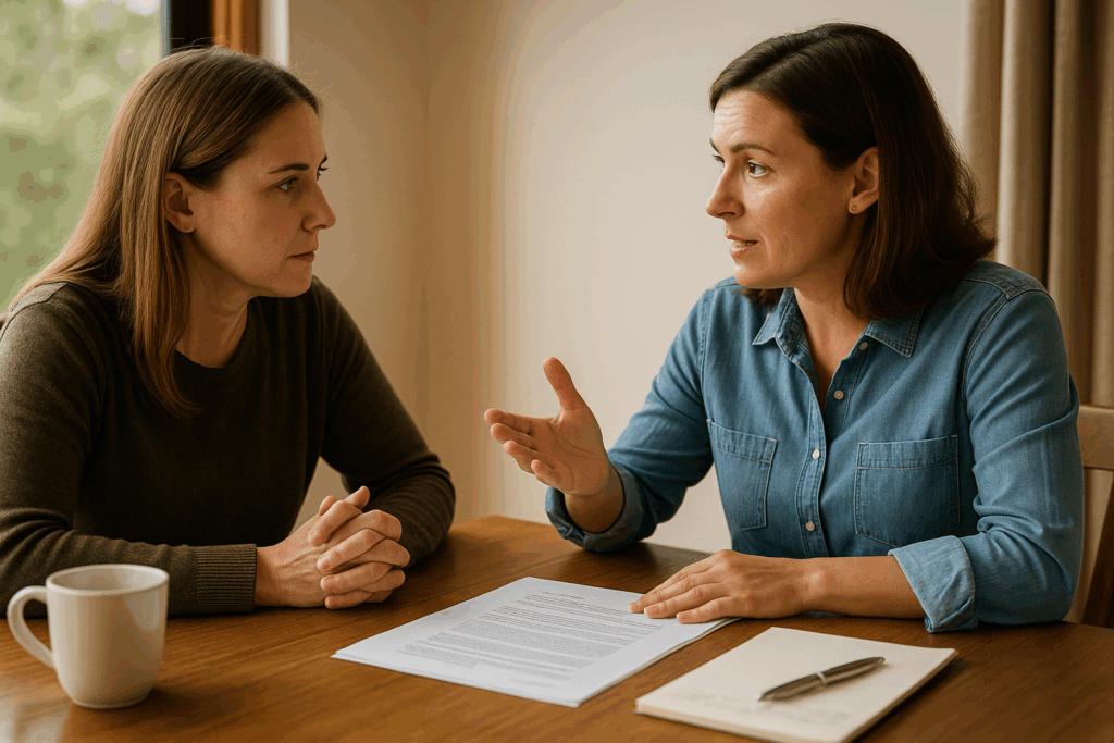 Two siblings having serious conversation about guardianship responsibilities at table with documents