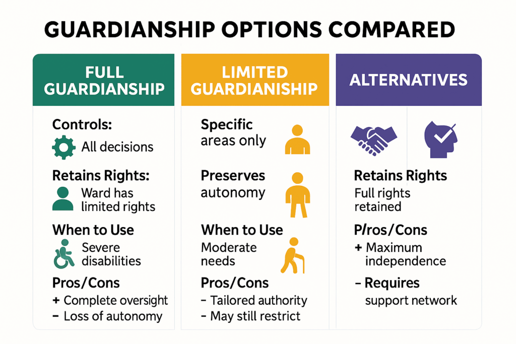 Infographic comparing full guardianship, limited guardianship, and guardianship alternatives with pros and cons