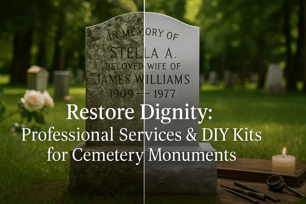 Before and after headstone cleaning showing restored cemetery monument dignity