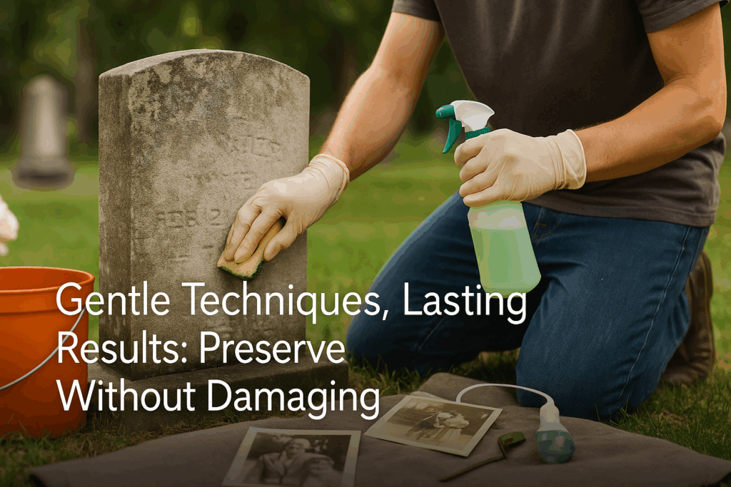Safe headstone cleaning techniques using proper products designed for cemetery monuments