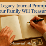 12 Legacy Journal Prompts Your Family Will Treasure (That You Probably Haven't Considered) Hands writing meaningful legacy journal with military coin and family photos showing deep personal reflection