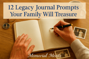 Hands writing meaningful legacy journal with military coin and family photos showing deep personal reflection