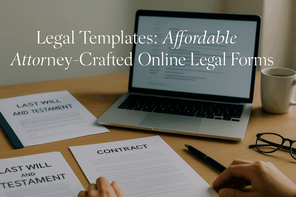 Laptop displaying legal document templates on professional office desk