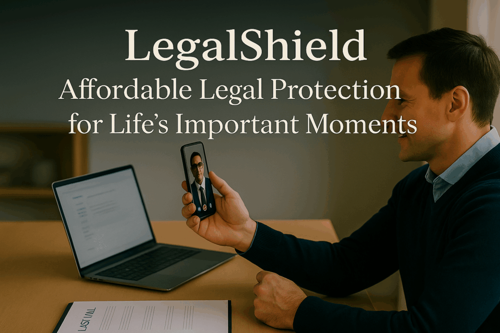 Professional using smartphone for video call with attorney in modern home office