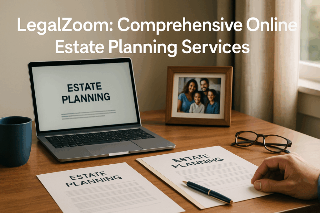 Professional estate planning documents on desk with laptop and family photos